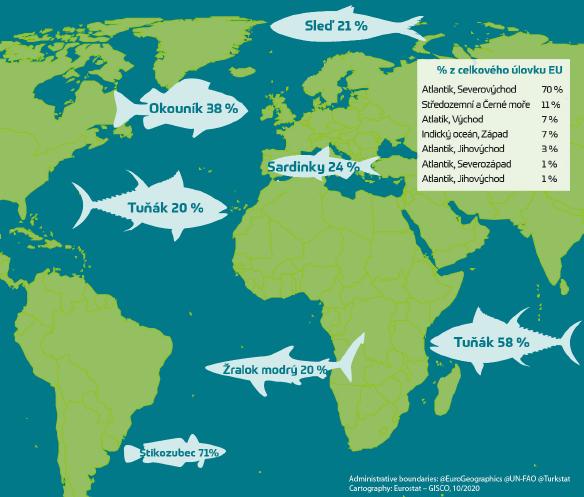 Úlovky EU podle oblastí mořského rybolovu v roce 2019 (% celkové živé hmotnosti ulovené v každé rybolovné oblasti), zdroj: eurostat